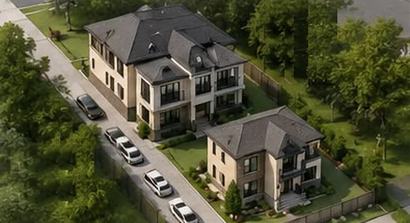 Concept render from above: two residential buildings on a treed lot beside a driveway.
